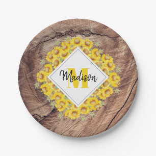 Rustikale Sonnenblumen & Holzstruktur-Monogramm Pappteller