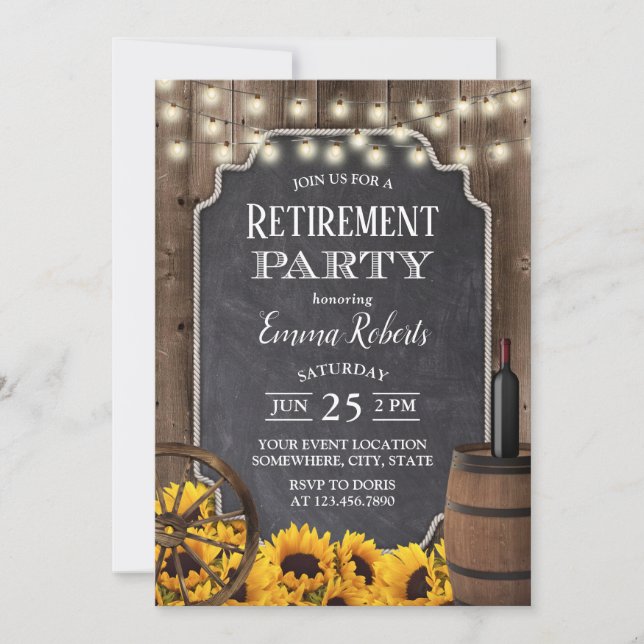 Rustikale Sonnenblumen Holzwein Barrel Rentirement Einladung (Vorderseite)