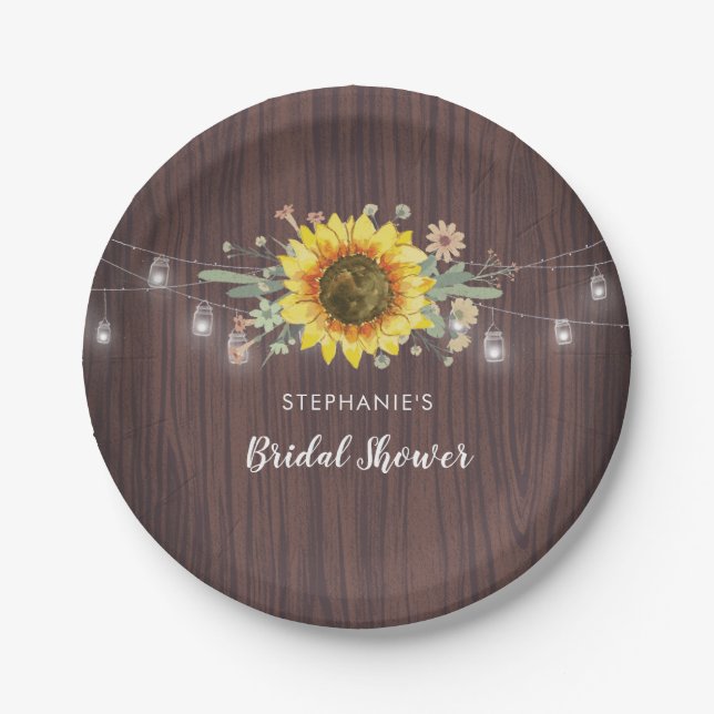 Rustikale Sonnenblumen Jar Lights Wood Brautparty Pappteller (Vorderseite)