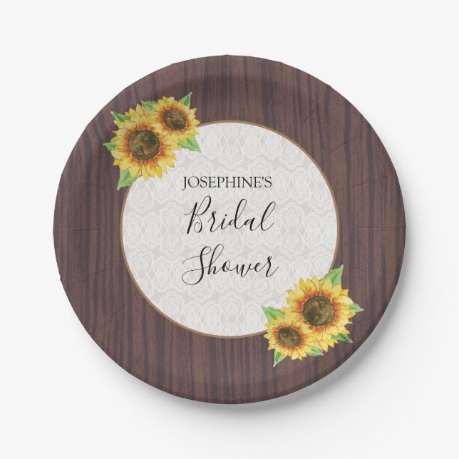 Rustikale Sonnenblumen Lace Wood Brautparty Pappteller (Vorderseite)