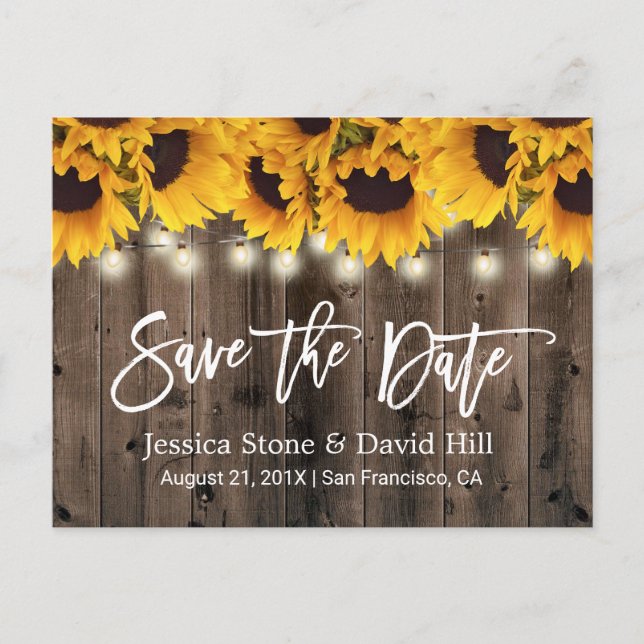 Rustikale Sonnenblumen Land Hochzeit Save the Date Ankündigungspostkarte (Vorderseite)