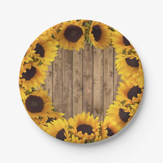 Rustikale Sonnenblumen Land Holzstreifen Pappteller (Vorderseite)