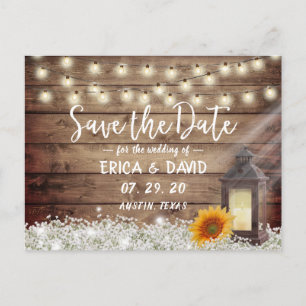 Rustikale Sonnenblumen-Laternen-Hochzeit Save the  Ankündigungspostkarte