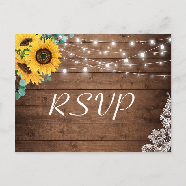Rustikale Sonnenblumen, Lichter, die RSVP Hochzeit Einladungspostkarte (Vorderseite)