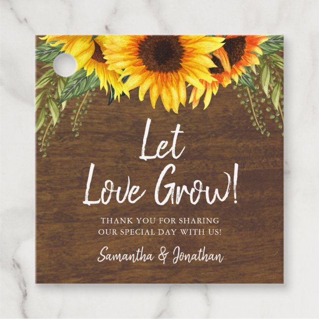 Rustikale Sonnenblumen Ließ Liebe wachsen Hochzeit Geschenkanhänger (Vorderseite)