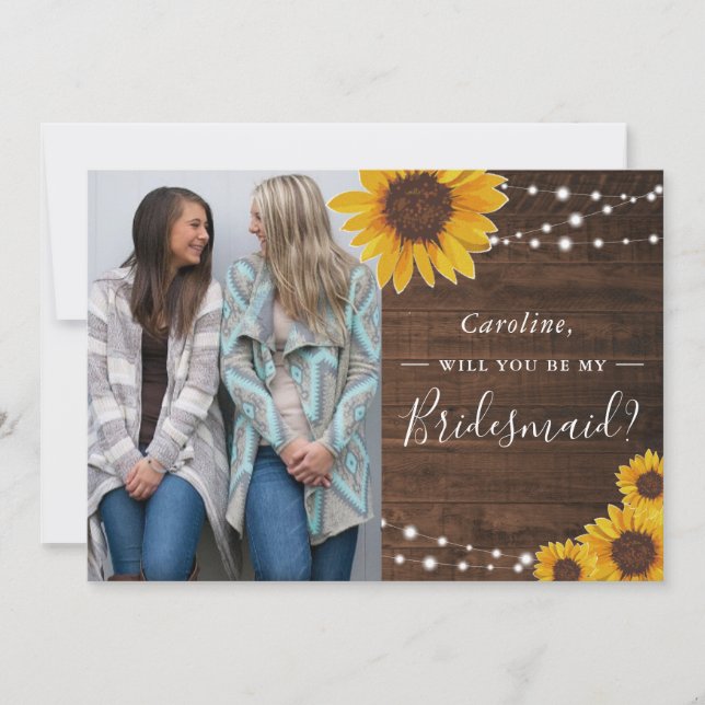 Rustikale Sonnenblumen Lights Bridesmaid Foto Anfo Einladung (Vorderseite)