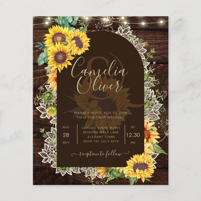Rustikale Sonnenblumen Lights Lace Arch Wedding Flyer (Vorne)