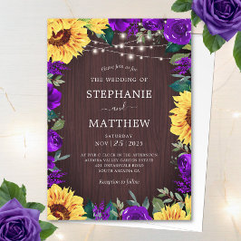 Rustikale Sonnenblumen Lila Blumenlampen Hochzeit Einladung
