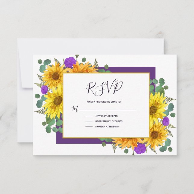 Rustikale Sonnenblumen Lila Rose Hochzeit RSVP Karte (Vorderseite)