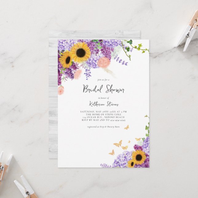 Rustikale Sonnenblumen Lilac Country Chic Brautpar Einladung (Vorderseite/Rückseite Beispiel)