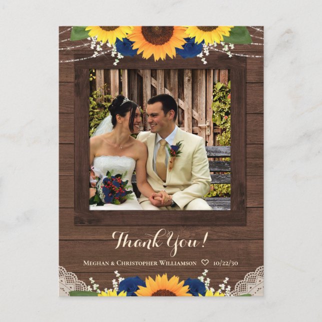 Rustikale Sonnenblumen Marine Rose Hochzeit Vielen Postkarte (Vorderseite)