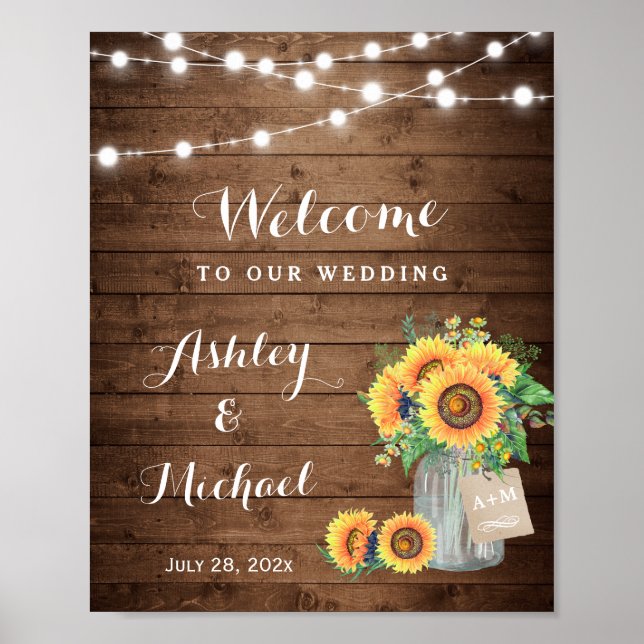 Rustikale Sonnenblumen Mason Jar Lights Hochzeitsz Poster (Vorne)