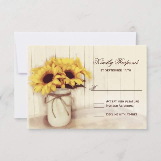 Rustikale Sonnenblumen Mason Jar Wedding RSVP Card Karte (Vorderseite)