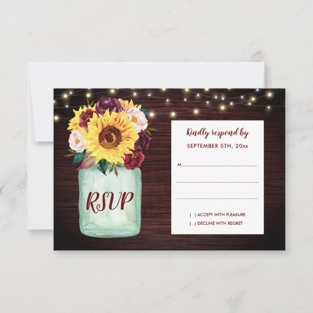 Rustikale Sonnenblumen Mason Jar Wood Wedding RSVP Karte (Vorderseite)