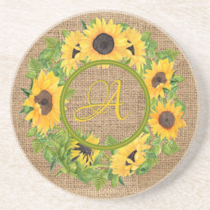 Rustikale Sonnenblumen Mit Monogramm Burlap Getränkeuntersetzer