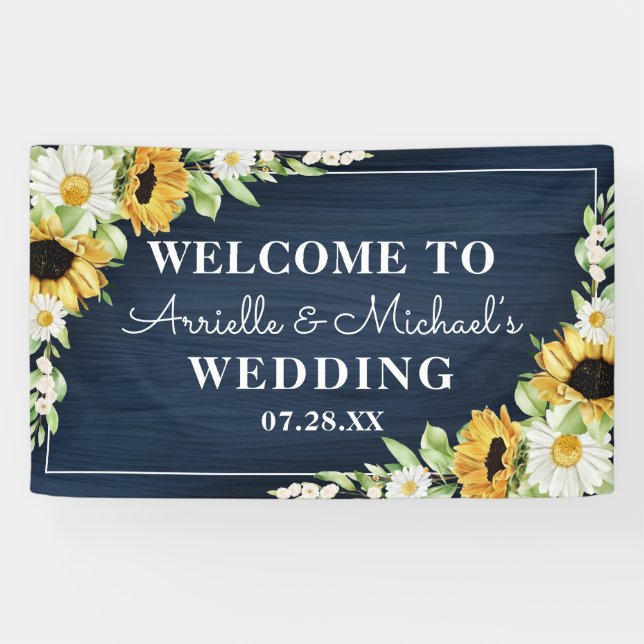 Rustikale Sonnenblumen Navy Blauer Wald Hintergrun Banner (Horizontal)