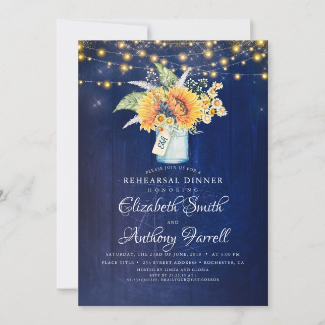 Rustikale Sonnenblumen Navy Blue Probe Dinner Einladung (Vorderseite)
