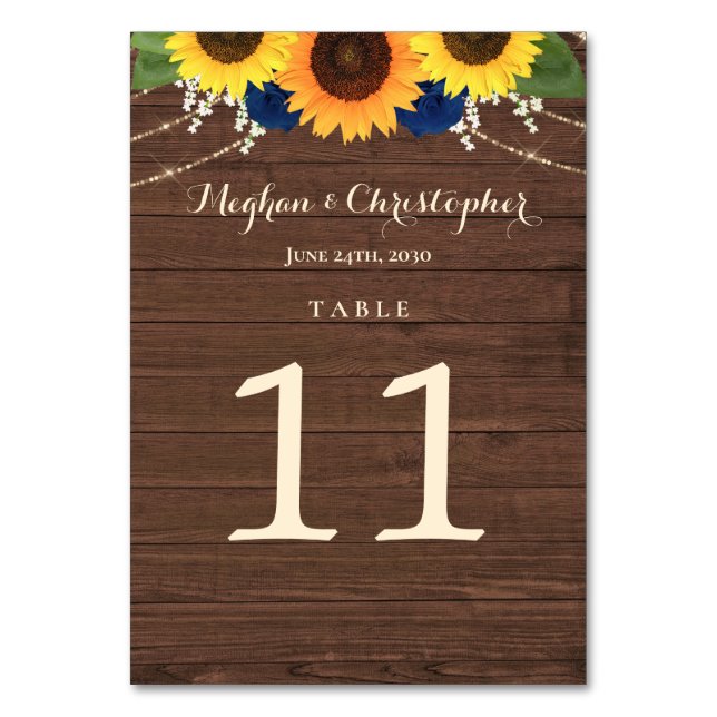 Rustikale Sonnenblumen Navy Blue Rose Wood Wedding Tischnummer (Vorderseite)