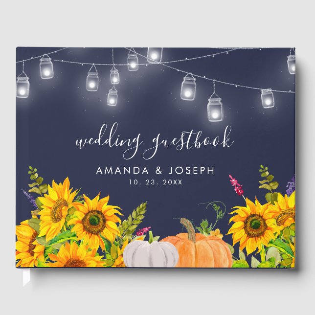 Rustikale Sonnenblumen Pumpkin String Lights Hochz Gästebuch (Vorderseite)