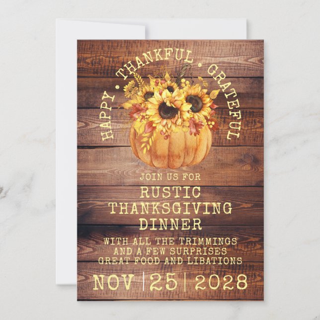 Rustikale Sonnenblumen Pumpkin Wood Erntedank Aben Einladung (Vorderseite)