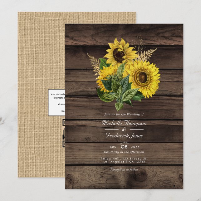 Rustikale Sonnenblumen QR Code UAWG Country Weddin Einladung (Vorne/Hinten)