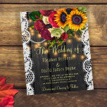 Rustikale Sonnenblumen Rose Einladung<br><div class="desc">Rustikales Land Vintag-Stil Hochzeit preiswert Einladung auf dunkelbraunen Holzboden mit großen gelben Sonnenblumen und roten bordeauxfarbenen Rose Bouquets, Fäden aus bunten Lichtern, weißen Spitzen Ränder, Perlenkette und ein Imitat Gold Typografie-Skript. Einfach mit Ihren Daten personalisieren! Die Einladung ist für Herbstherbst Garten / Hinterhof rustikales Land Vintag inspirierte Hochzeiten. BITTE LESEN...</div>