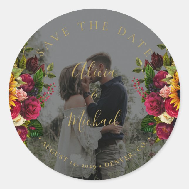 Rustikale Sonnenblumen Rose Foto Hochzeit rett Dat Runder Aufkleber (Vorderseite)