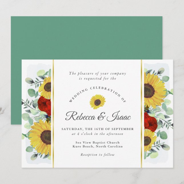 Rustikale Sonnenblumen Rose Grüne Hochzeit Einladu Einladung (Vorne/Hinten)