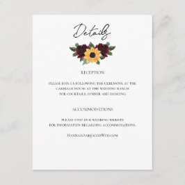 Rustikale Sonnenblumen-Rose Hochzeitsdetails Begleitkarte