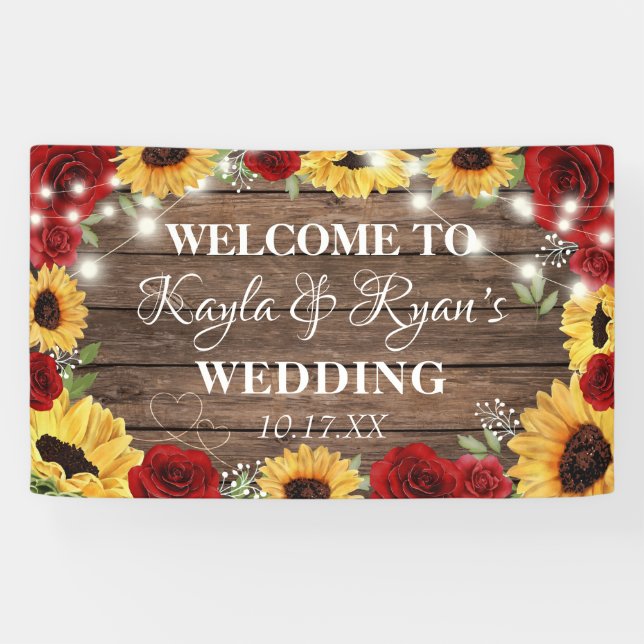 Rustikale Sonnenblumen-Rose Holz Hintergrund Hochz Banner (Horizontal)