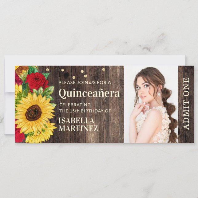 Rustikale Sonnenblumen-Rote Rosen Boot Quinceañera Einladung (Vorderseite)