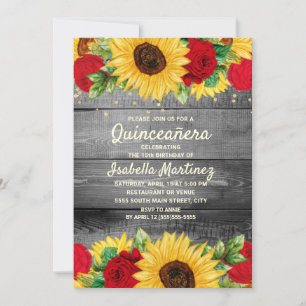 Rustikale Sonnenblumen Rote Rosen Quinceañera Foto Einladung