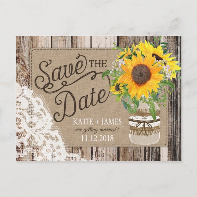 Rustikale Sonnenblumen Save the Date Ankündigungspostkarte (Vorderseite)