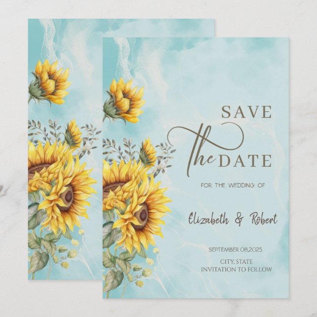 Rustikale Sonnenblumen Save the Date blau (Vorne/Hinten)