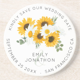 Rustikale Sonnenblumen Save the Date halten Getränkeuntersetzer