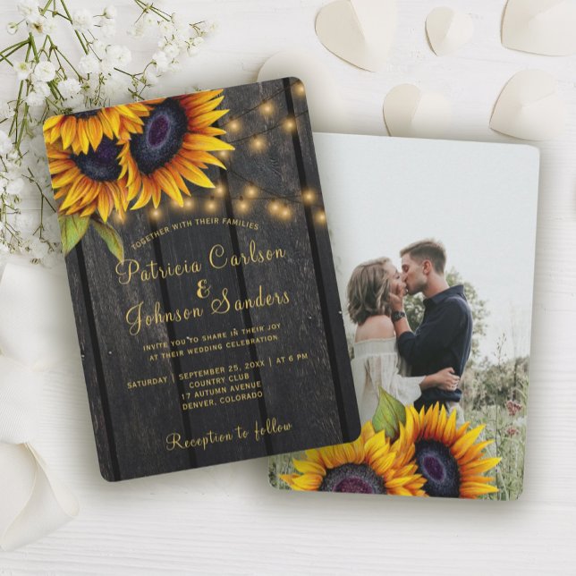 Rustikale Sonnenblumen Stallholz Foto Hochzeit Einladung (Von Creator hochgeladen)