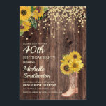 Rustikale Sonnenblumen Stiefel Glitzer 40. Geburts Einladung<br><div class="desc">Rustikales Holz,  gelbe Sonnenblumen mit vergoldetem Glitzer und ein Cowboy-Stiefel mit Blume 40. Geburtstag Party Einladung für Frauen. Kontaktieren Sie uns für Hilfe bei der Anpassung oder um passende Produkte anzufordern.</div>