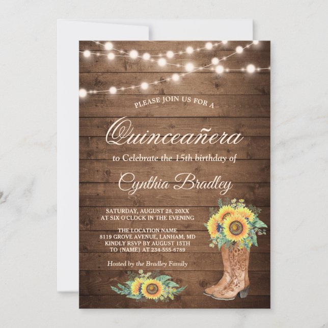 Rustikale Sonnenblumen Stiefel Quinceañera 15. Geb Einladung (Vorderseite)