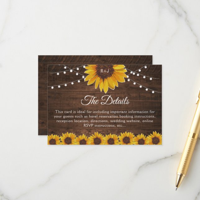 Rustikale Sonnenblumen-Streichellichter Hochzeitde Begleitkarte (Vorderseite/Rückseite Beispiel)