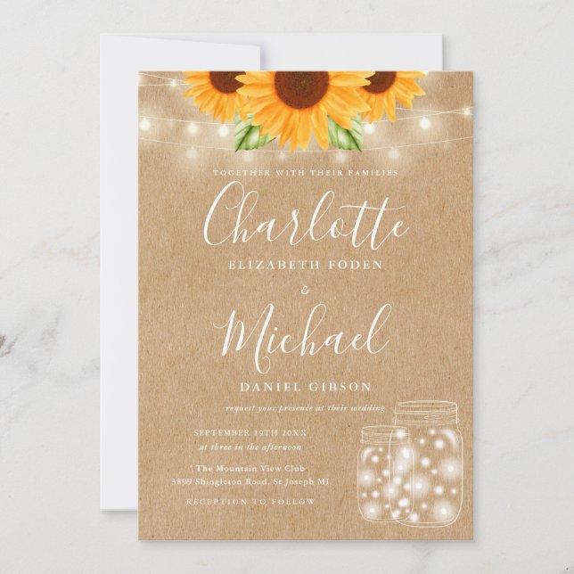 Rustikale Sonnenblumen String Light Mason Jar Wedd Einladung (Vorderseite)