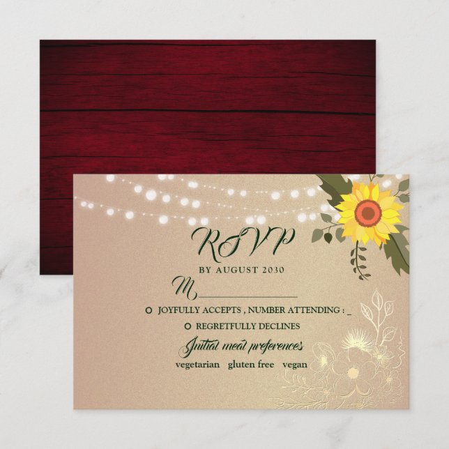 Rustikale Sonnenblumen-String-Lights Hochzeitsszen RSVP Karte (Vorne/Hinten)
