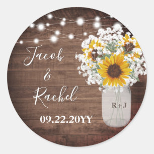 Rustikale Sonnenblumen-String-Lights Monogram-Hoch Runder Aufkleber