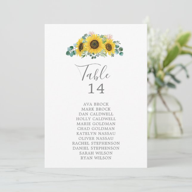 Rustikale Sonnenblumen-Tischnummer-Sitzplan-Karten (Stehend Vorderseite)