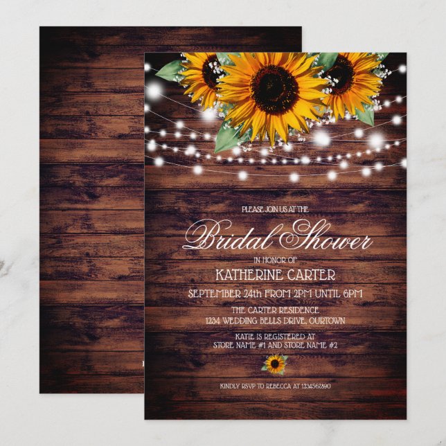 Rustikale Sonnenblumen Twinkle Lights Brautparty Einladung (Vorne/Hinten)