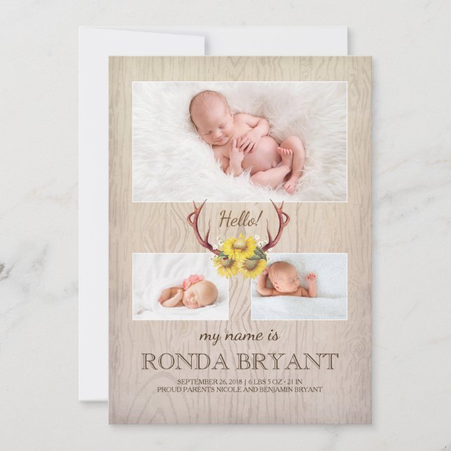 Rustikale Sonnenblumen und Antlers Wood Baby Foto  Ankündigung (Vorderseite)