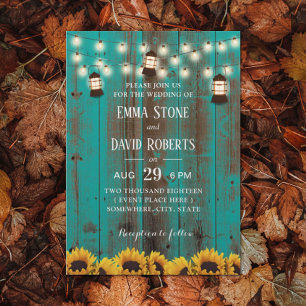 Rustikale Sonnenblumen und Aquamarine Laternen Einladung