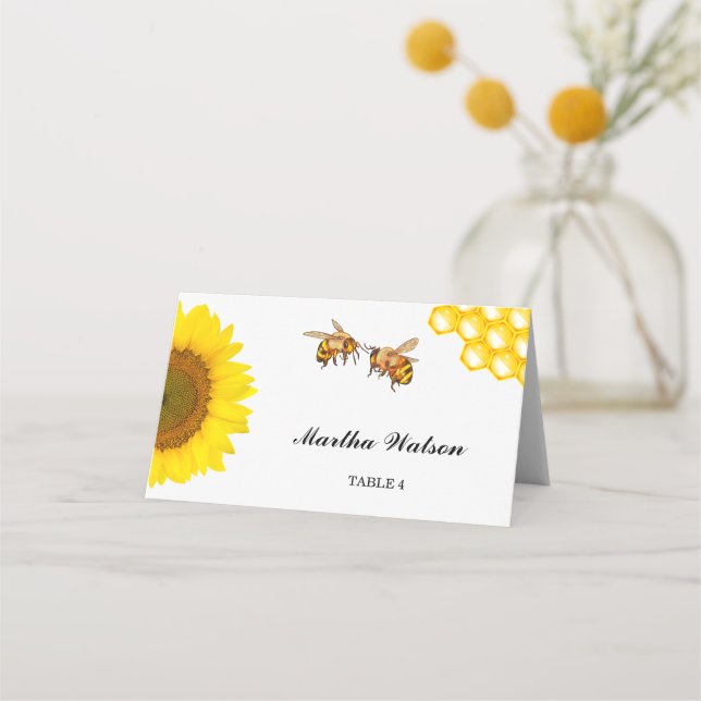 Rustikale Sonnenblumen und Bienenhochzeiten Platzkarte (Vorderseite)