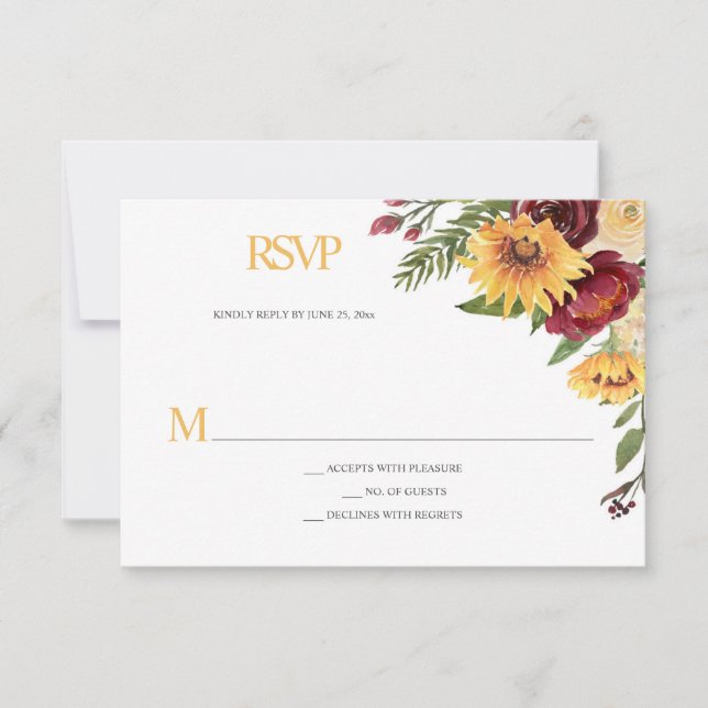 Rustikale Sonnenblumen und Burgund-Blüten RSVP Karte (Vorderseite)
