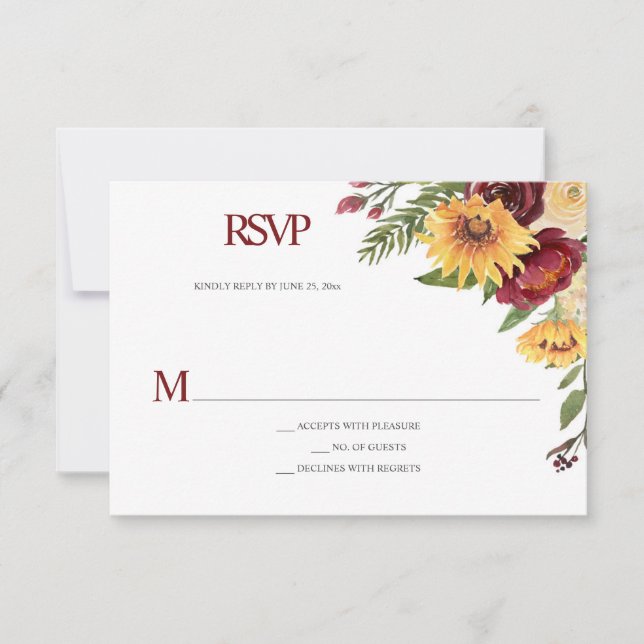 Rustikale Sonnenblumen und Burgund-Blüten RSVP Karte (Vorderseite)