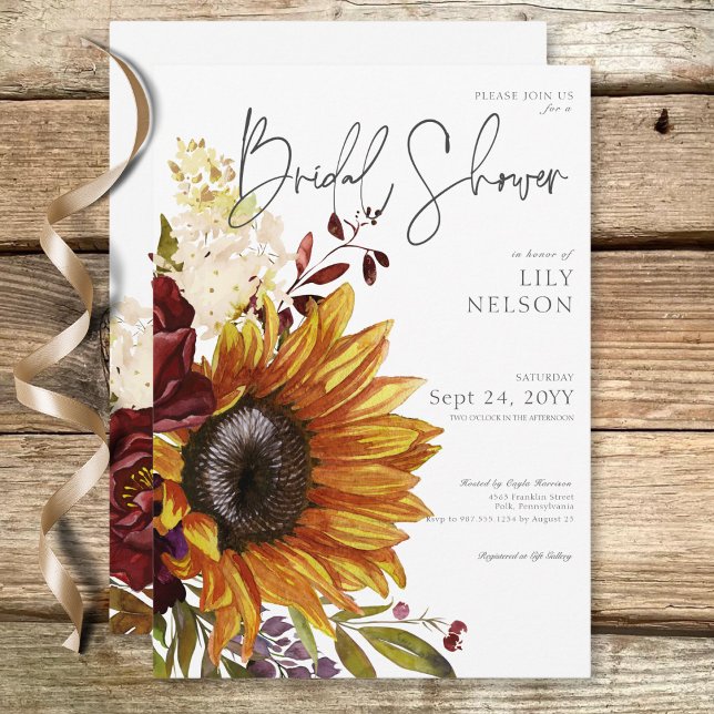 Rustikale Sonnenblumen und Burgunder Brautparty Einladung (Rustic Sunflowers & Burgundy Floral Bridal Shower Invitation)